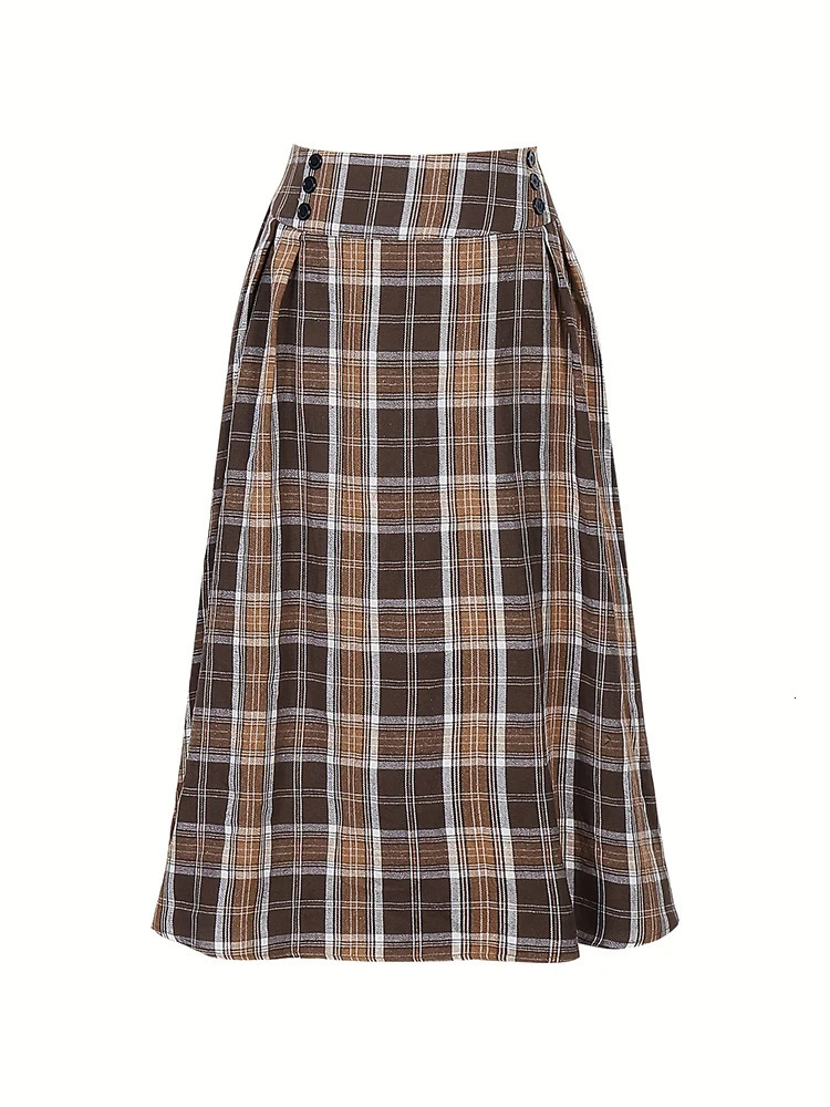 Plus Size Casual Skirt Womens Plaid Print Button Decor Elastic Ruched 251027