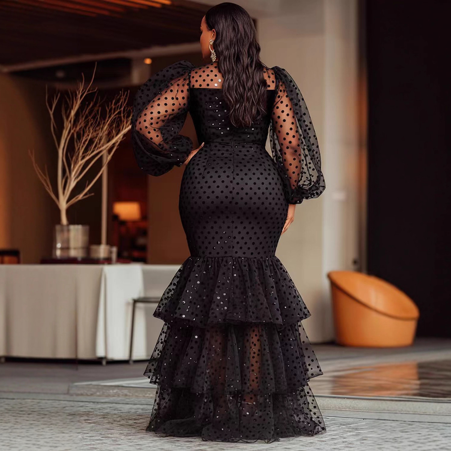 G1026Cross-border European and American women's bubble flocking polka dot sexy plus size dress