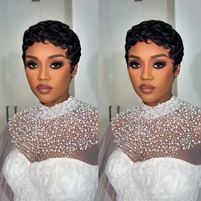 Women's Virgin Human Pixie Cut - Glueless Layered Curly Wavy With Bangs, Natural Black 180% Density Rose Net Cap, Elegant Short Hair Wig For Wome