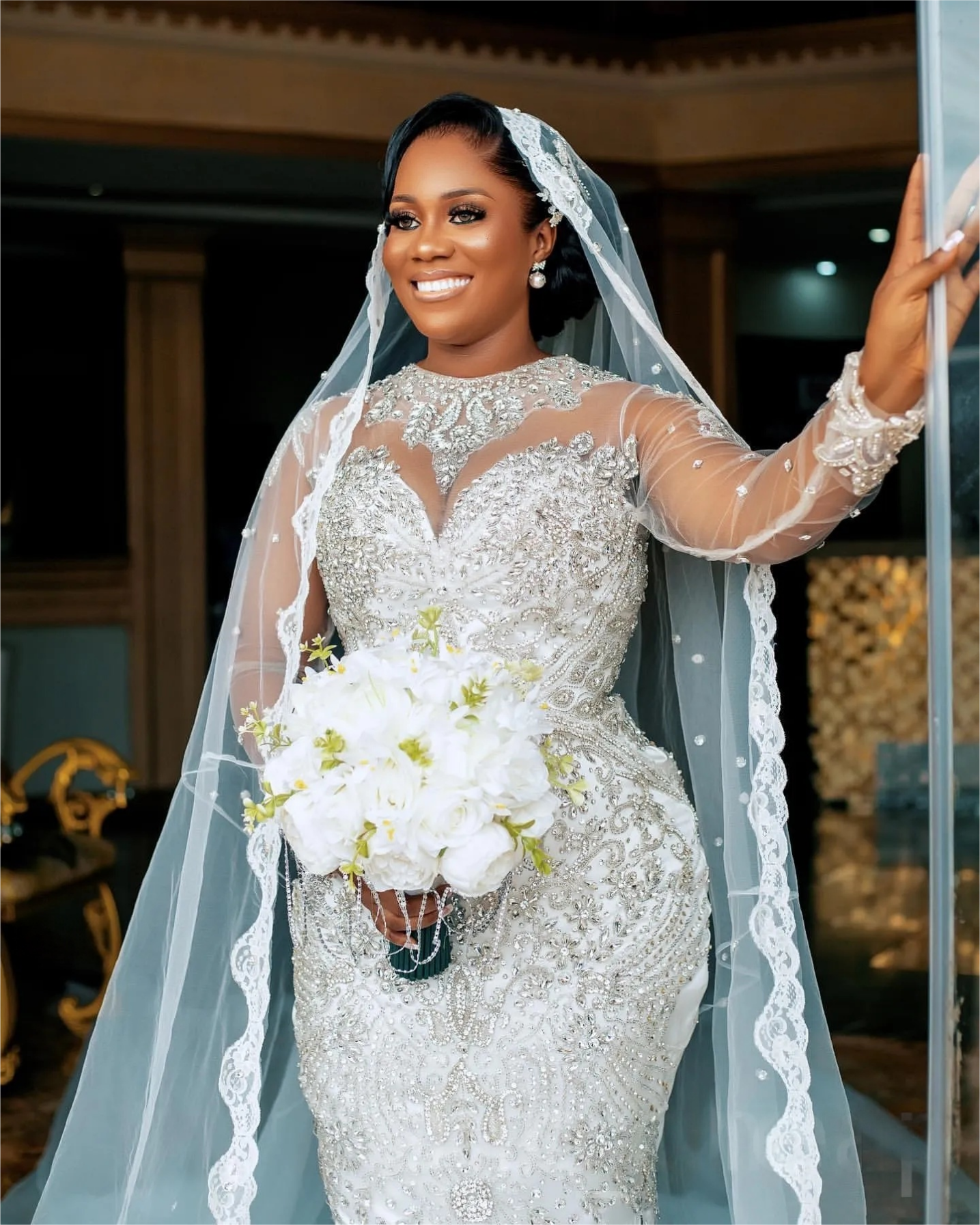 Arabic Aso Ebi Plus Size Mermaid Wedding Dress in Ivory with Lace Beaded Crystals and Luxurious Tiers