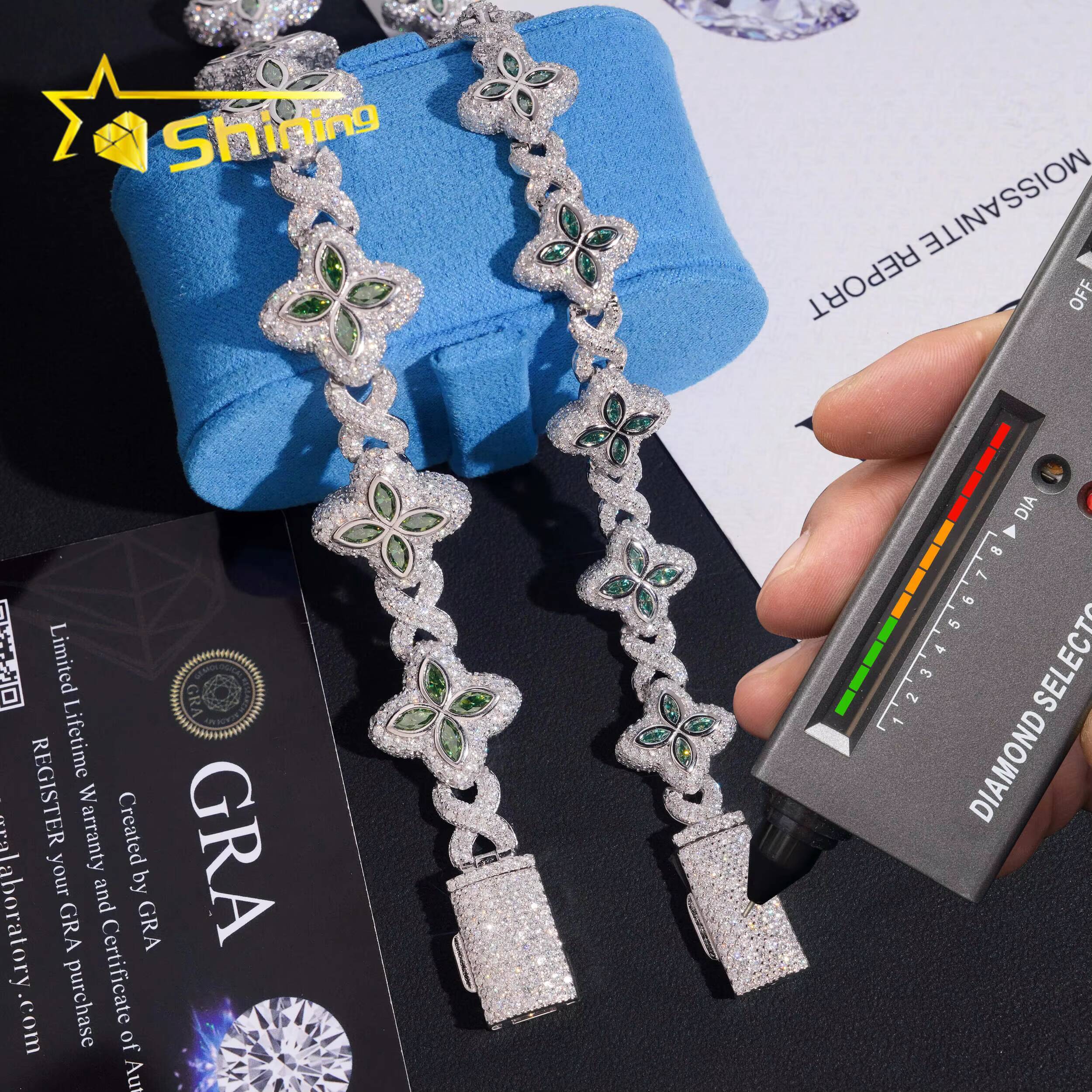 Rapper Hip Hop Jewelry 15mm 18mm Green Clover Moissanite Cuban Bracelet Custom 925 Silver Iced Out Infinity Moissanite Bracelet