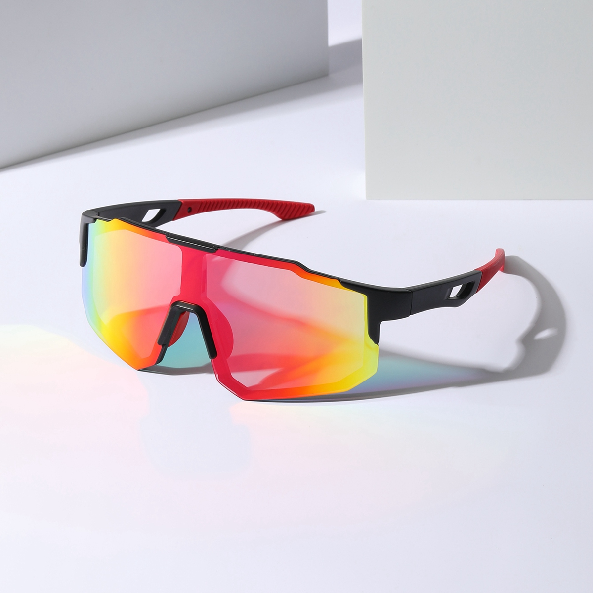 1 pair of men's mechanical-style sunglasses with futuristic, fashionable design featuring diverse shapes, mixed materials, and contrasting colors