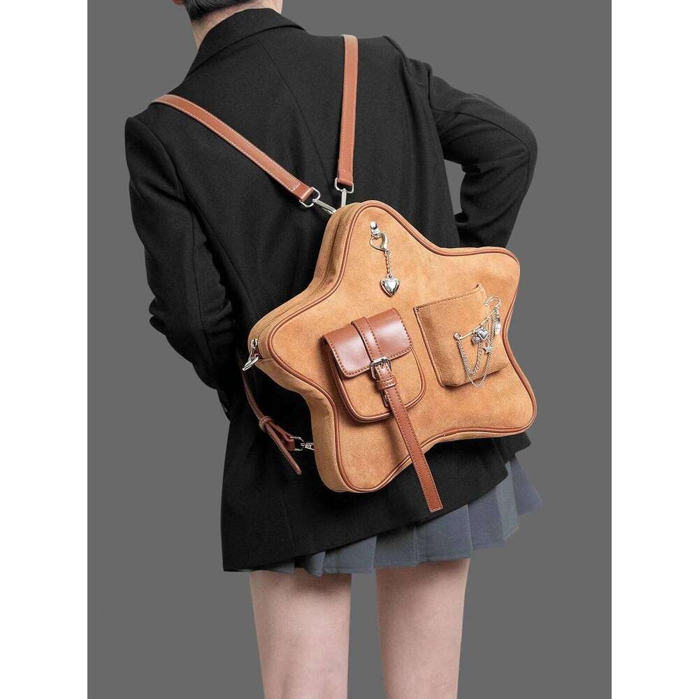 Original Retro Brown Pentagram Pendant Brooch Decoration Multi-Pocket Double Shoulder Messenger Bag Casual Backpack