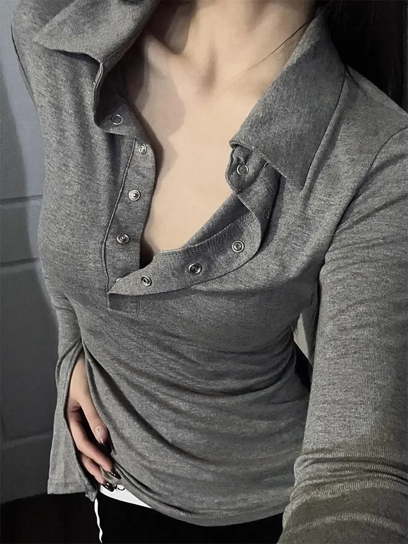 Bodycon Women Tshirts Long Sleeve Solid Color Turn Down Collar Sexy Simple Korean Style Ins Minimalist Prevalent Casual Chic 251027