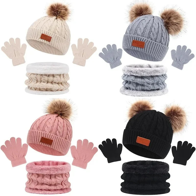 Baby Winter Hat Scarf Gloves Set Knitted Fur Ball Kids Beanie Cap for Girls Boys Accessories Infant Bonnet Toddler 15Y 251024