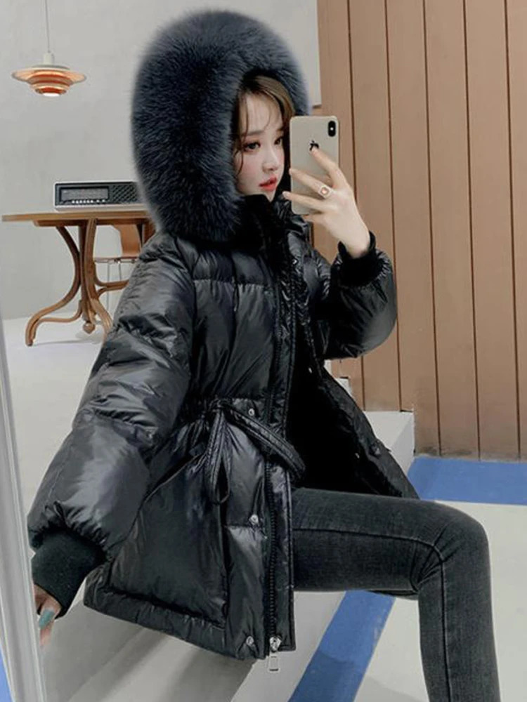 Autumn Winter Hooded Fur Collar Parkas Mujer With a Belt Thick Warm Down Cotton Padded Jacket Women Casual Coat Female 251027
