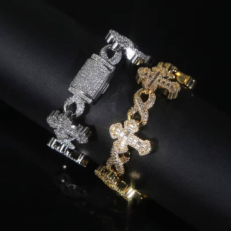 New Fashion Women Men Cross Number 8 Full Bling Paved Hip Hop Bracelet TwoStone Setting Cuban Chain Jewelry