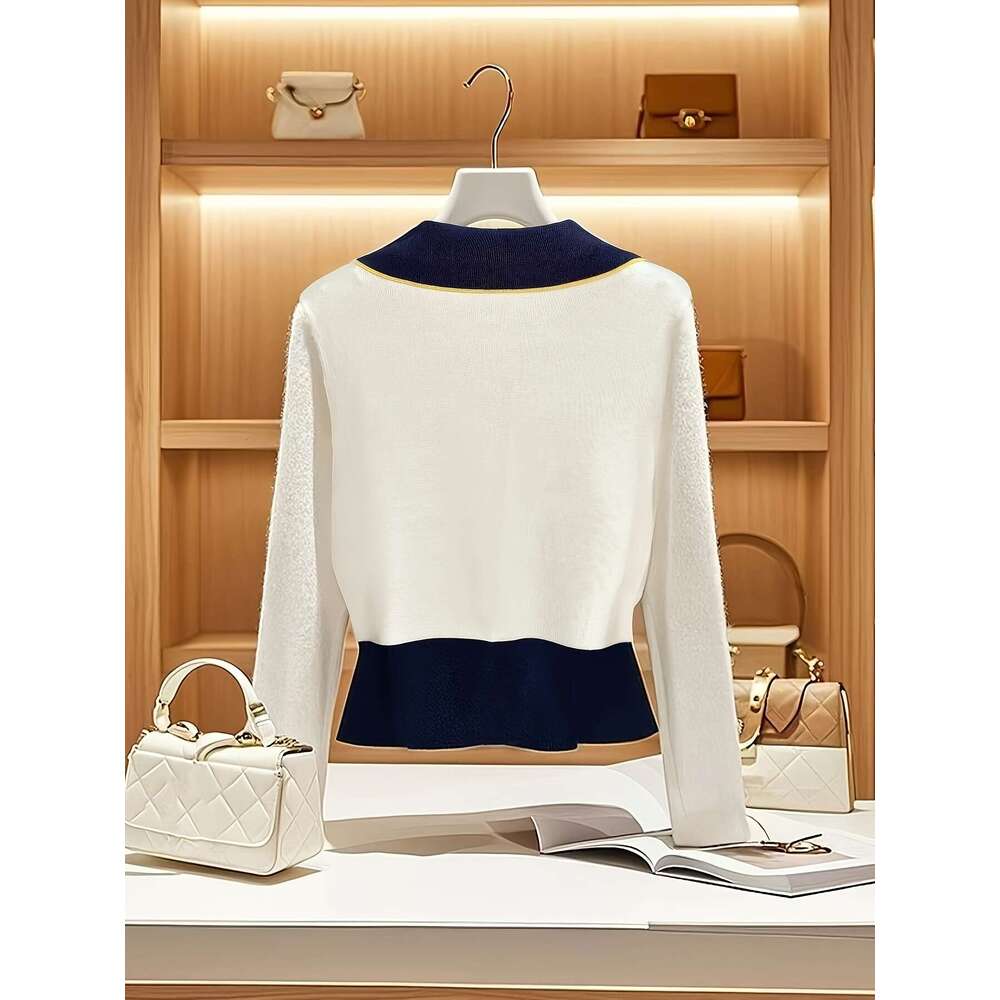 Elegant Blazer Elegant Women's Tailored Blazer Navy & White Contrast, Golden-Tone Buttons, Dia-Patterned, Hine Washable, Structured Collar For