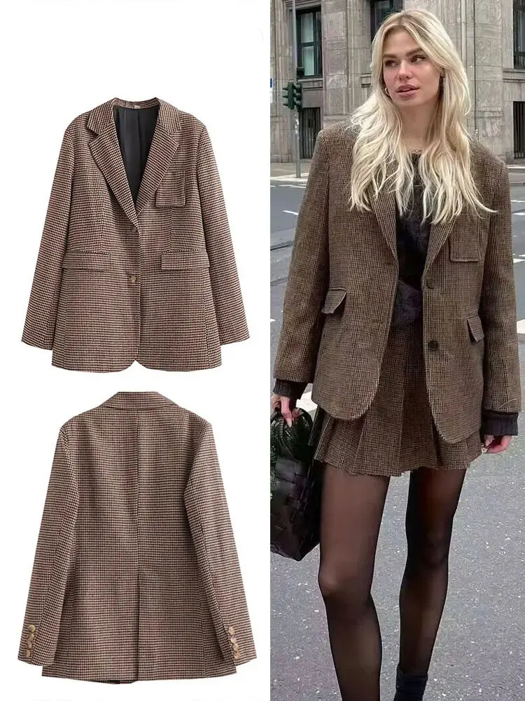 Vintage Womens Houndstooth Blazer Singlebreasted Suit Coat Spring Lady Office Commute Woman Outerwear Streetwear 251027