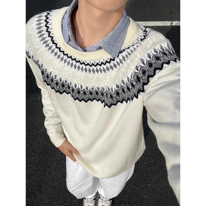 American Style Fair Isle Boxy Sweater Designer Sweater For Men Autumn High-end Cable Knit Long Sleeve T-shirt Regular Shoulder Base Shirt