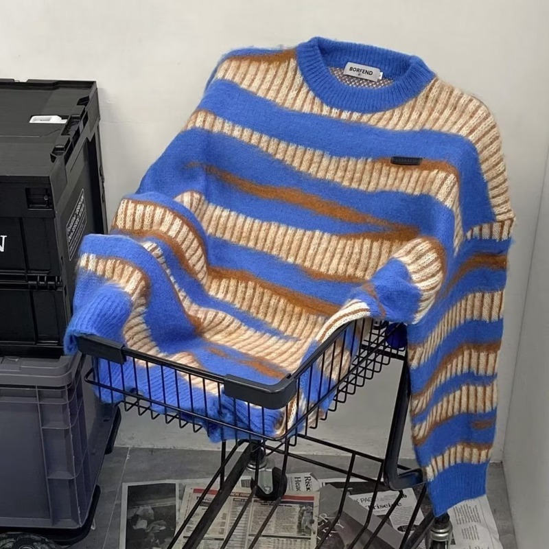 Striped Color-block Sweater For Men Autumn And Winter Designer Sweater Lazy Style High-end Feel Versatile Loose Round Neck Knitwear Couple's Tren