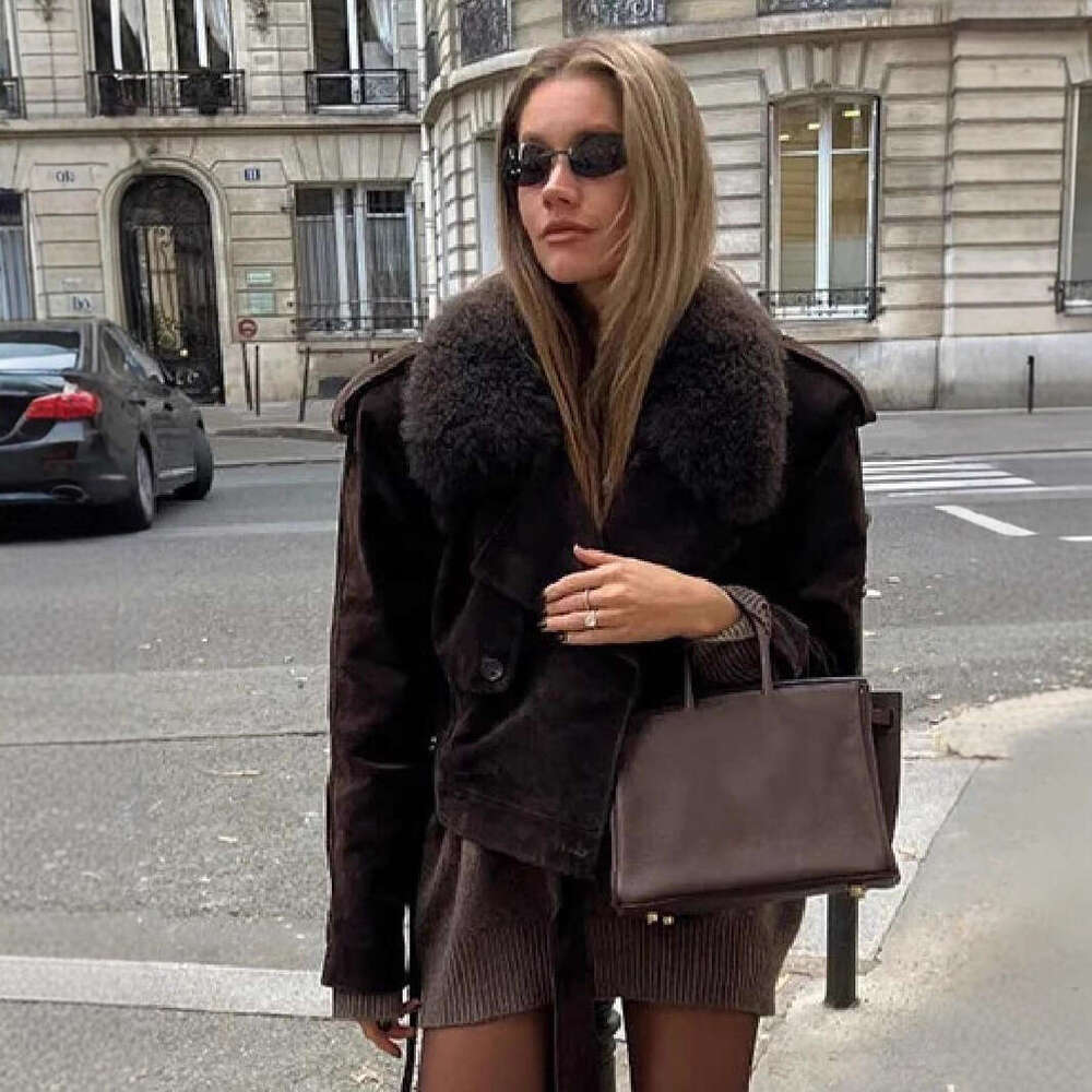 Vintage Lapel Suede Lace Up Jackets Women Solid Fur Collar Pad Shoulder Short Coats 2025 Female Autumn Chic Casual Streetwear