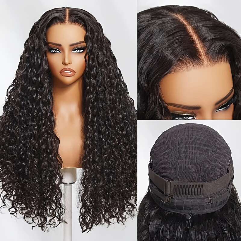 Klaiyi 13X4 Water Wave With Drawstring Pre Everything Human Hair Lace Frontal Put On And Go Glueless Wig