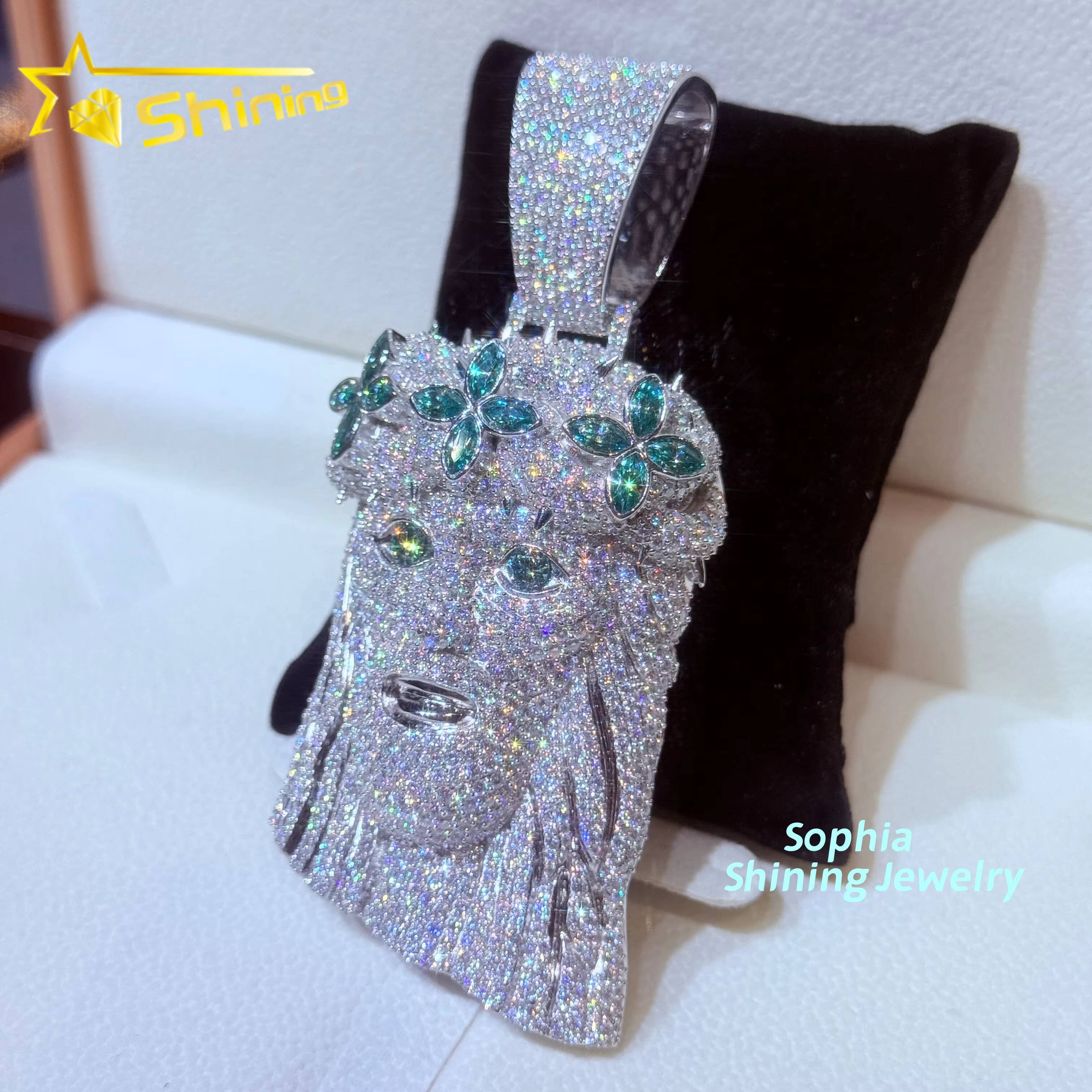 Hot Sale Personalized 3D Design Hip Hop Jewelry Men Iced Out Soild Back Pendant Colored Stone Moissanite Jesus Pendant