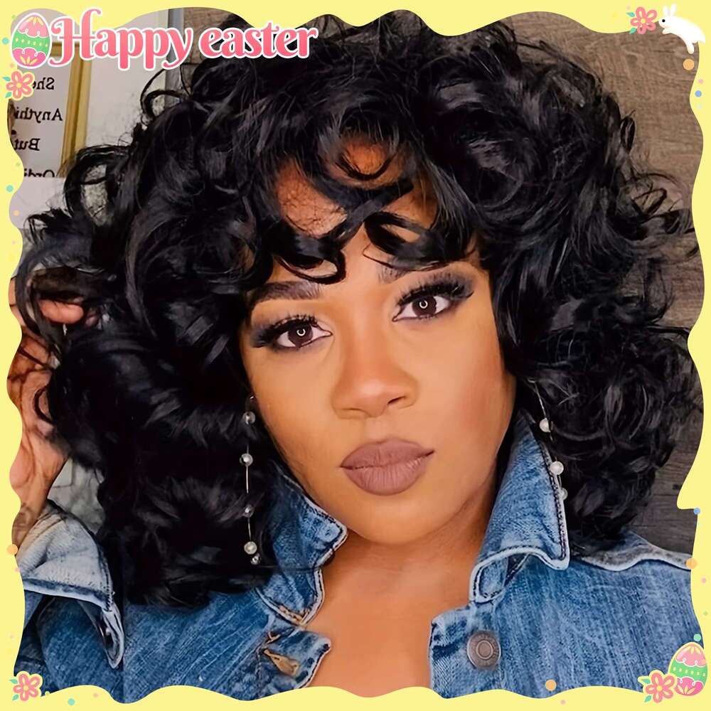 Short Wigs Black Soft, Big Bouncy Fluffy Curly With Bangs Afro Kinky Curls Heat Resistant Natural Looking Synthetic Wig For African American Women - S
