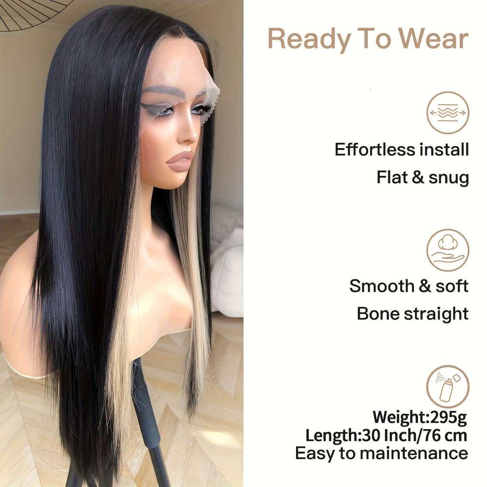 HD No Glue 13X5x1 Lace Front 30-Inch Skunk Striped Synthetic Wig Pre-Knot Ready To Wear - Women's Black And Blonde Easy Fashion