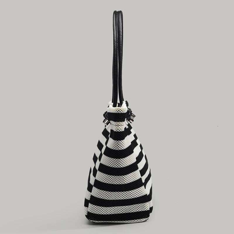 Hand-Woven Black White Striped Tote Women's Lazy Style Large Capacity Vacation Travel Shopper Shoulder Bag Commuter 251027