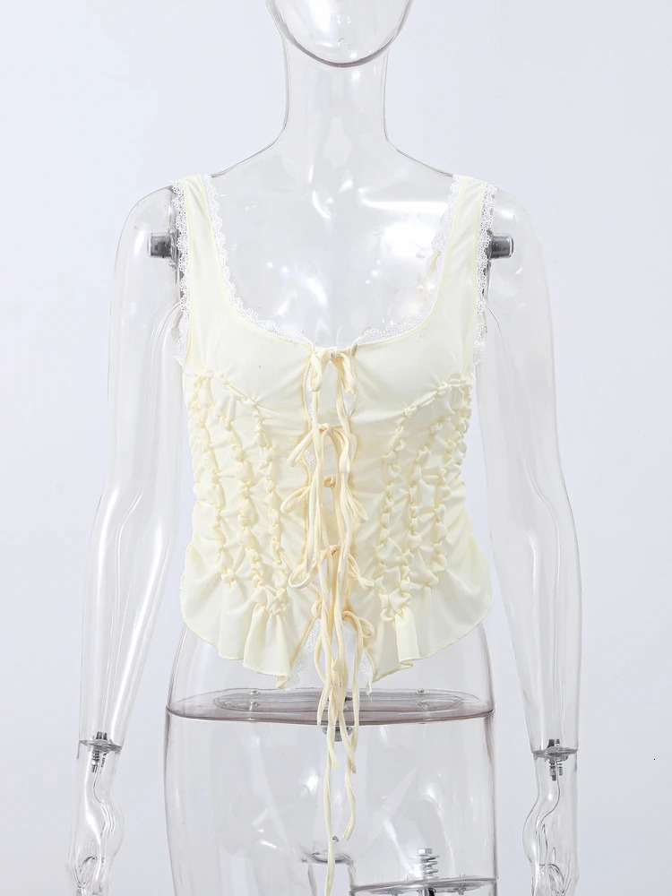 Elegant Lace Up Ruffles Women Vest Beach See Through Hollow Out Sling Slash Neck Female Top 2025 Summer Fashion Lady Clothes 251027