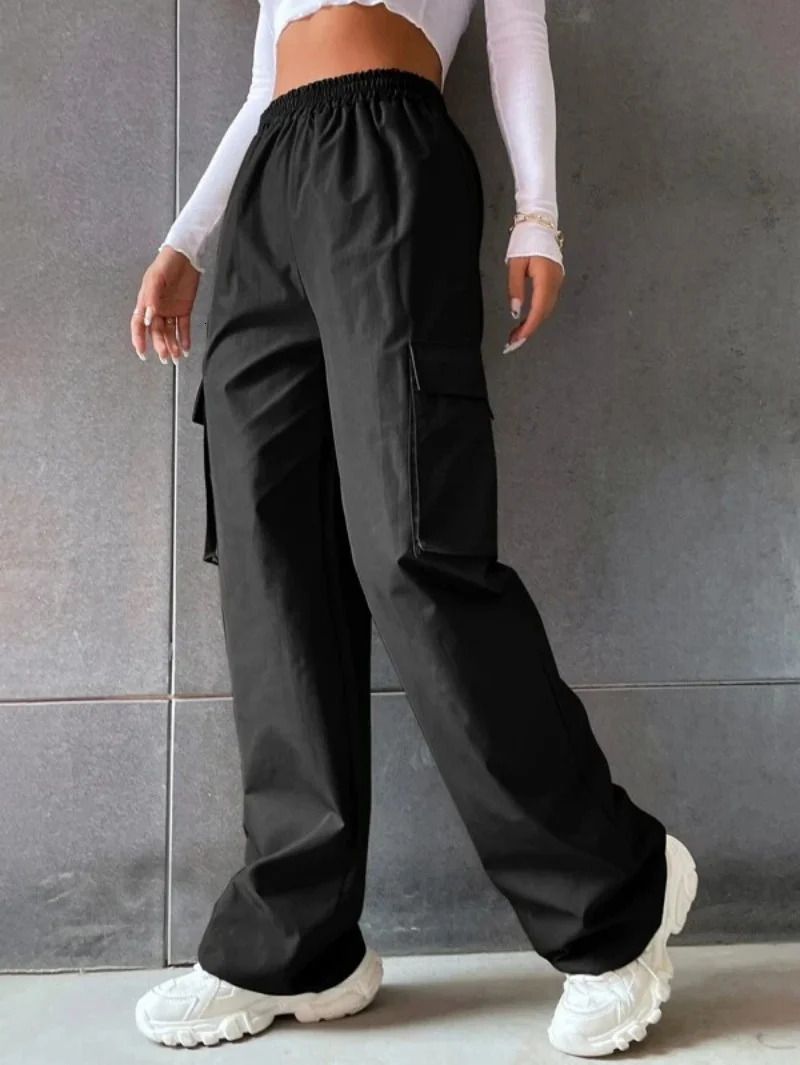 Y2K Solid Ripped Baggy Pants Fashion Women Pocket Elastic Waist Retro Straight Sweatpant Casual Streetwear Cargo Trousers 251027