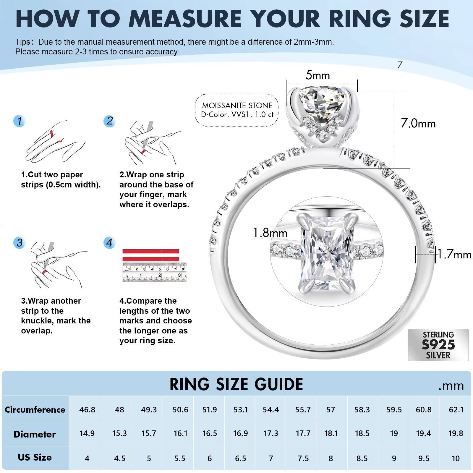 Solid S925 Fine Jewelry Engagement White 14K Gold Plated 1CT Moissanite Diamond Radiant Cut 925 Sterling Silver Rings for Women