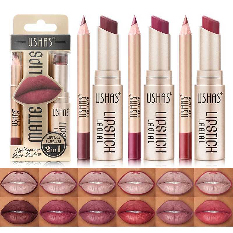 2 In Lipstick Set Makeup Matte Lipstick Lip Liner Pencil Waterproof Lasting Cosmetics Nude Brown Contour Tinted Lip Balm Kit W251027