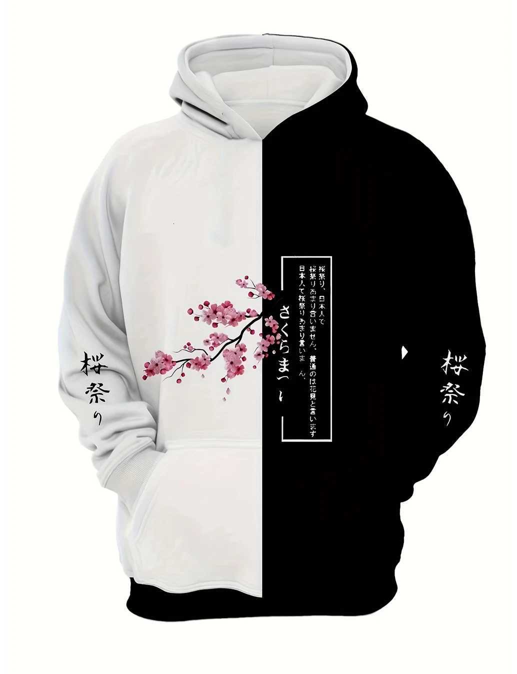 Japanese Streetwear Mens Cherry Blossom Hoodie SpringAutumn Long Sleeve Casual Top Trendy Print Side Pockets W251027