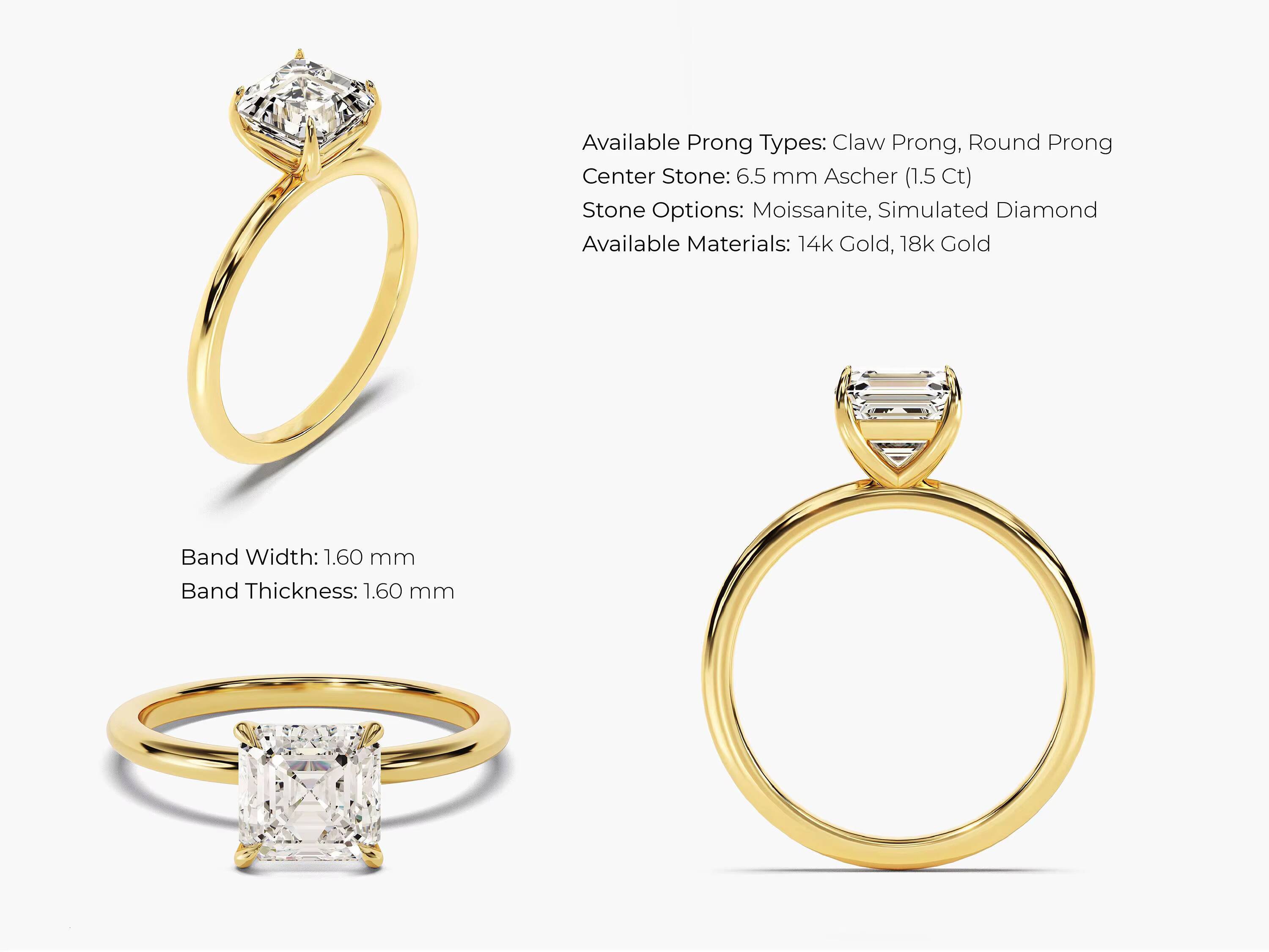 14k 18k Gold 15 CT Asscher Cut Diamond Engagement Ring Dainty Engagement Ring 4 Prong Solitaire Diamond Ring