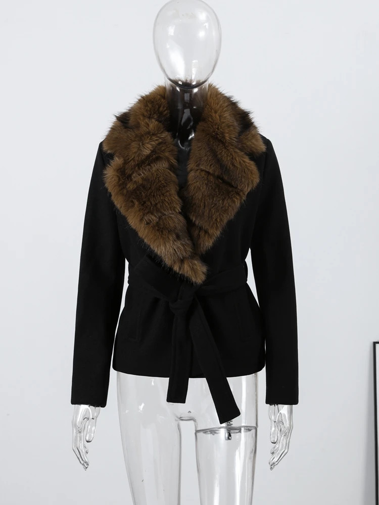 Elegant Fur Patchwork Short Warm Coat Women Lapel Lace Up Long Sleeve Coats Female Autumn Winter Lady Outwears 251027