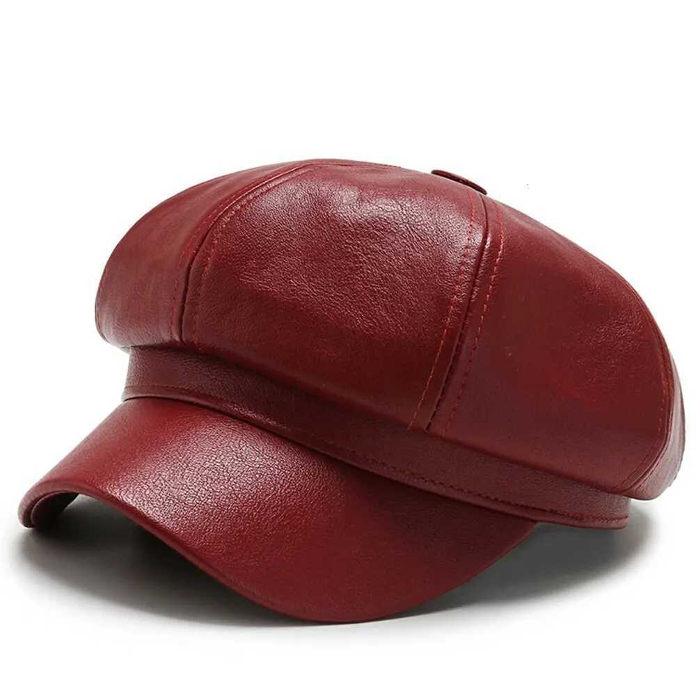 1pc Retro Fashion Womens Pu Leather Octagonal Hat Versatile Autumn And Winter Temperament Big Head Circumference BeretW251027