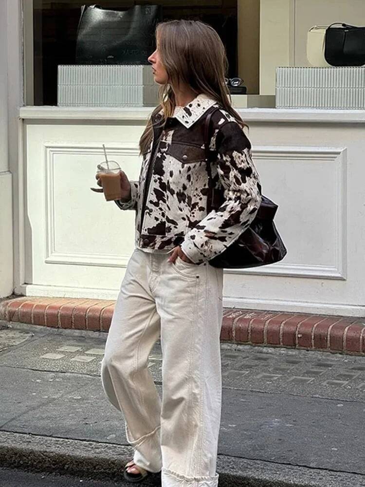 winter jacket women Women's Fashion Printed Lapel Casual Short Long Sleeve Patch Pocket High Street Commuter Autumn Jacket