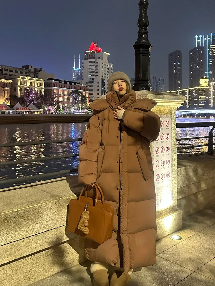 Winter Women Casual Long Sleeve Outerwear Solid Color Hooded Maxi XLong Parkas Jacket Oversized Single Breasted Warm Coat 251027