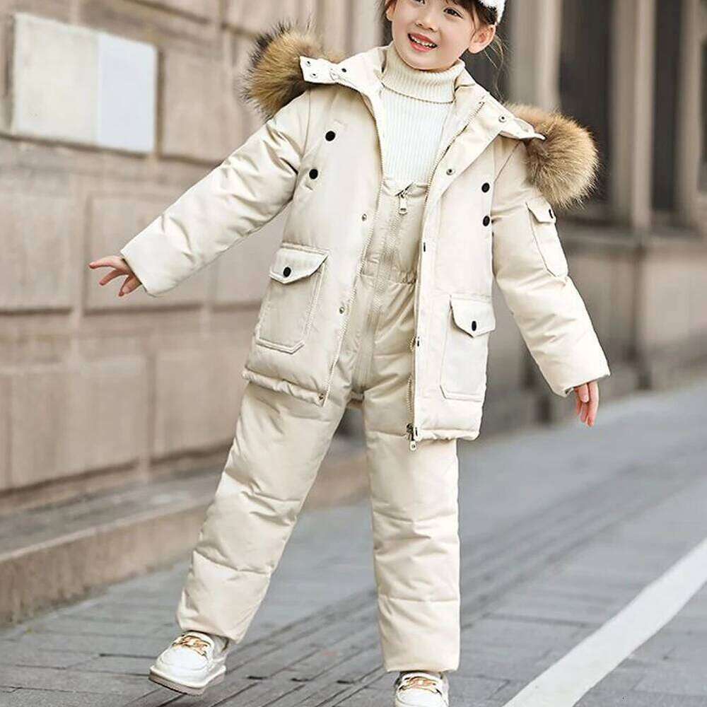 Baby Boys Snowsuits,2-Piece Fur Hooded Down Jacket With Bib Pants,Thick Warm Toddler Kids Winter Suits,Skiing Puffer Wear