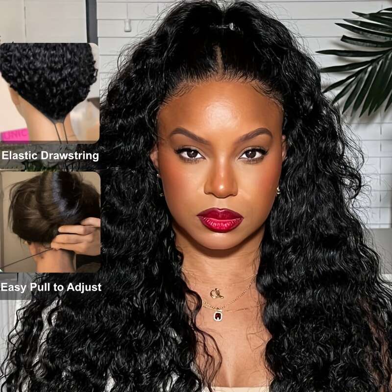 UNICE Bye Knots Water Wave 7X5 Lace Front Wigs With Elastic Drawstring Glueless Human Hair Plucked Pre Cut Bleached Knots, Protective Hairstyle, Natur