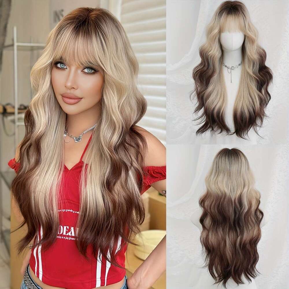 7Jhh WIGS Women's Long /Korean Style Water Wave Ombre Blonde/Brown Wig - Heat Resistant Synthetic Hair With Dark Roots, High Density Layered 26.3