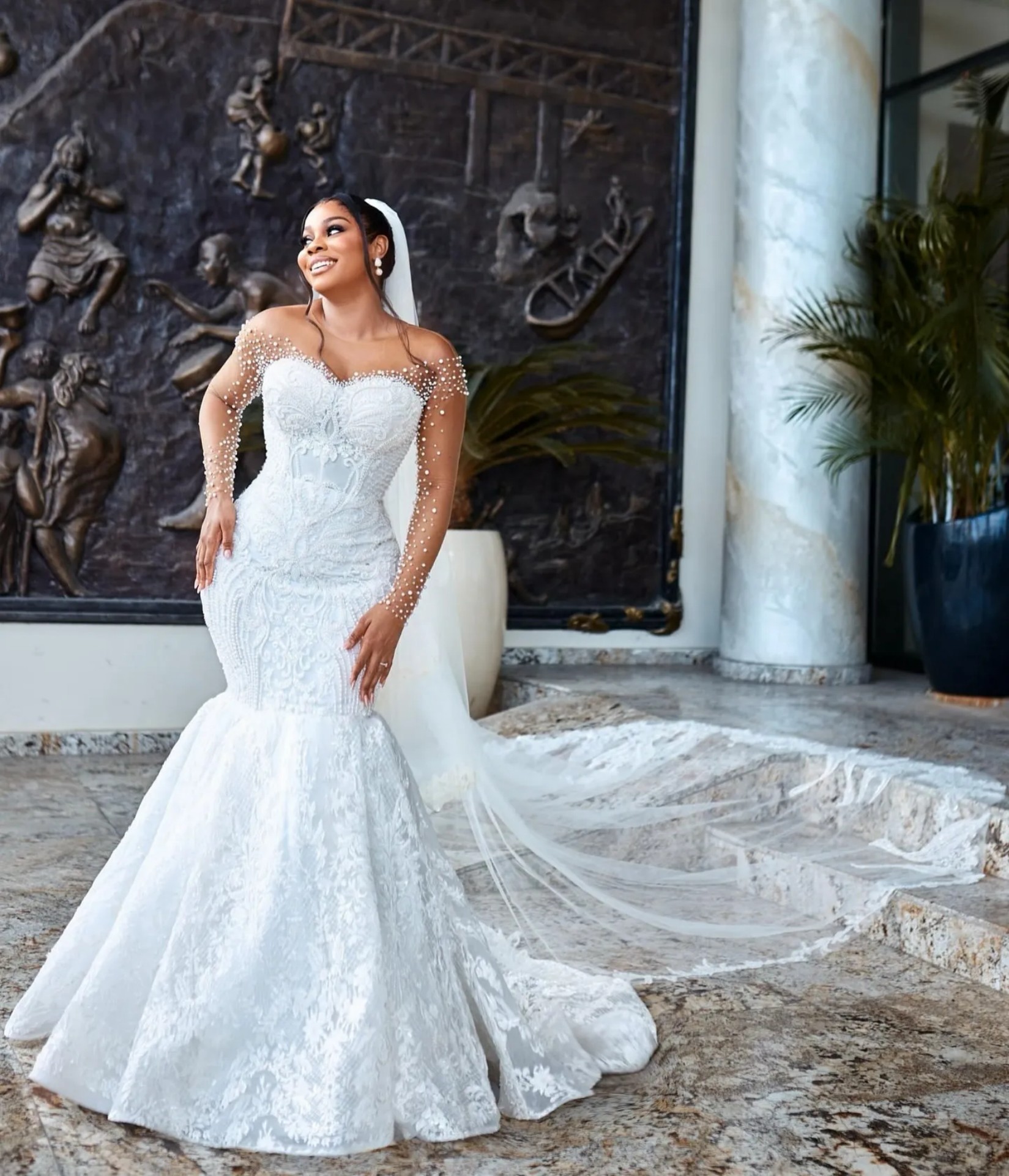 Aso Ebi Off White Mermaid Wedding Dress Sheer Neck Full Sleeves Beaded Pearls Vintage Elegant