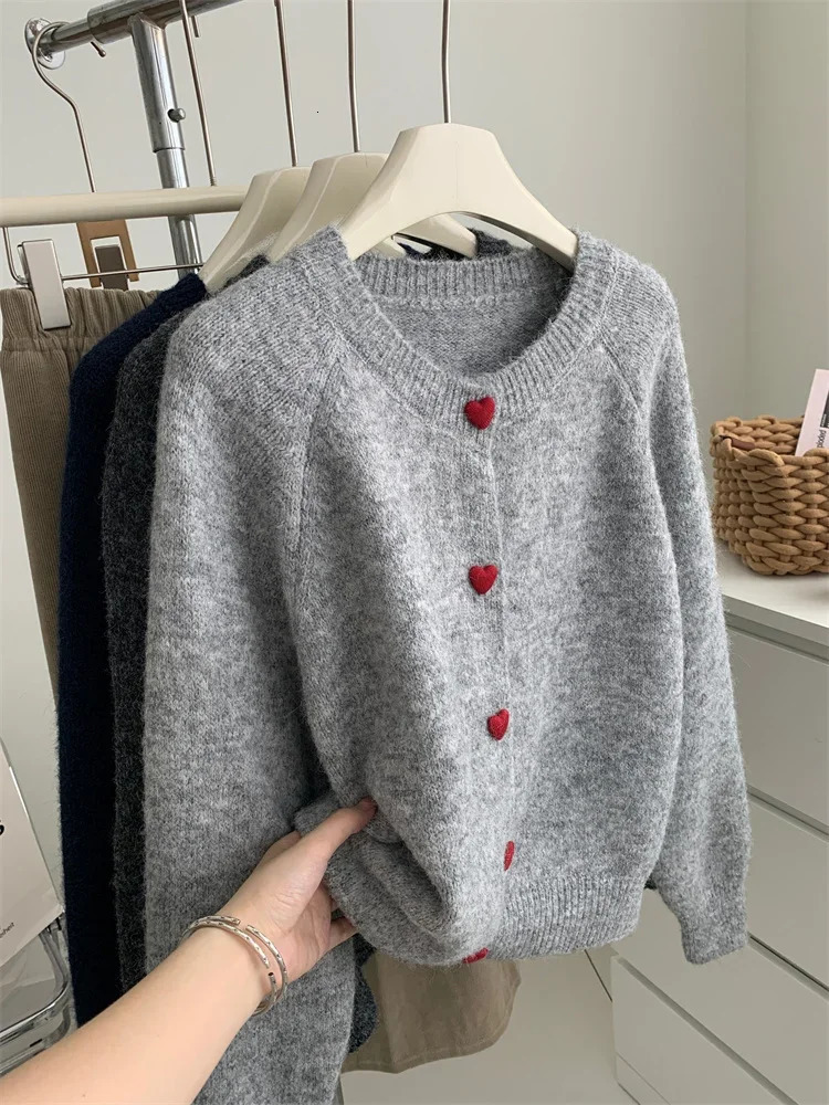 Deep Grey Wool Knitted Cardigan For Women 2025 Autumn Winter Soft And Sticky Warm Love Buckle Shoulder Sleeves 251027