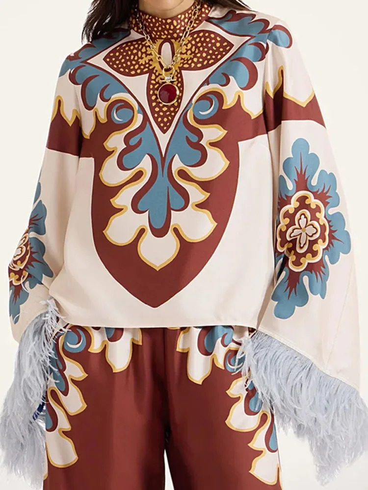 Tassel Splicing Bohemian Holiday Suit Spring Autumn Pattern Printed Loose Outfit Womens Oneck Long sleeved Top and Pants Set 251027