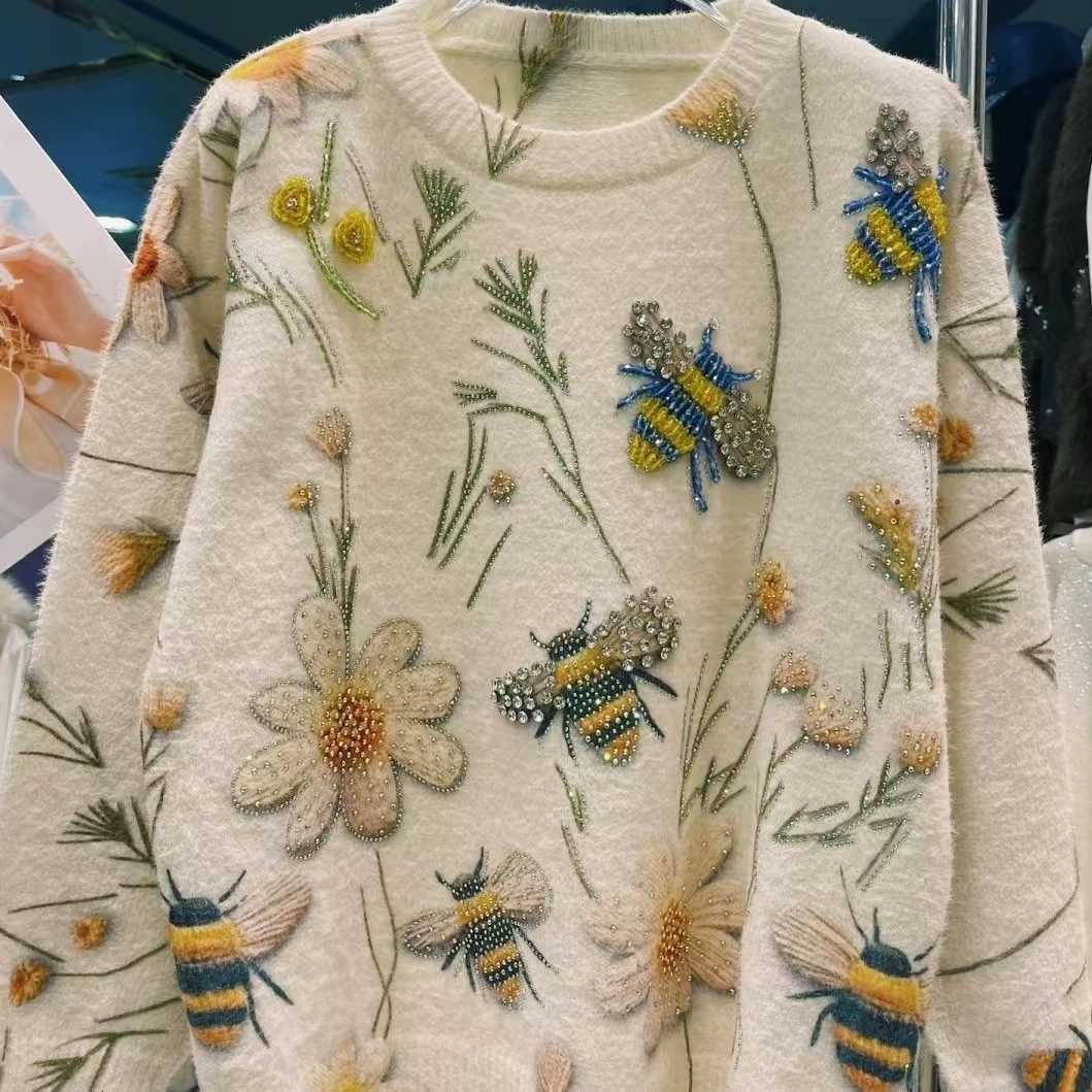 New Trend Heavy Industry Diamond Stitch Y2K Sweater for Women Autumn Winter Loose Casual Round Neck Knitted Pullover JumpersT251027