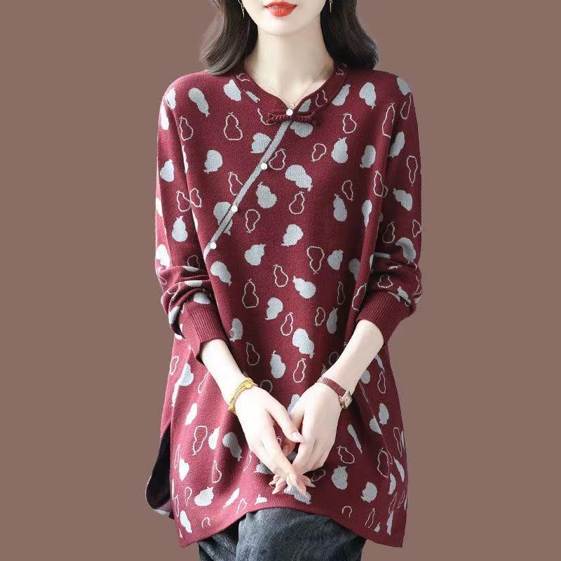 plus size women's new long sleeve high waist printed banquet dress mid-length skirt D02764