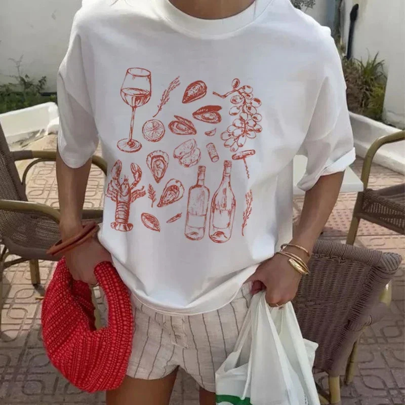 Summer American Ins Womens Retro Seafood Printing TShirt Trendy Retro Y2k Oyster Lobster Cute Loose Vacation Half Sleeve Top 251027