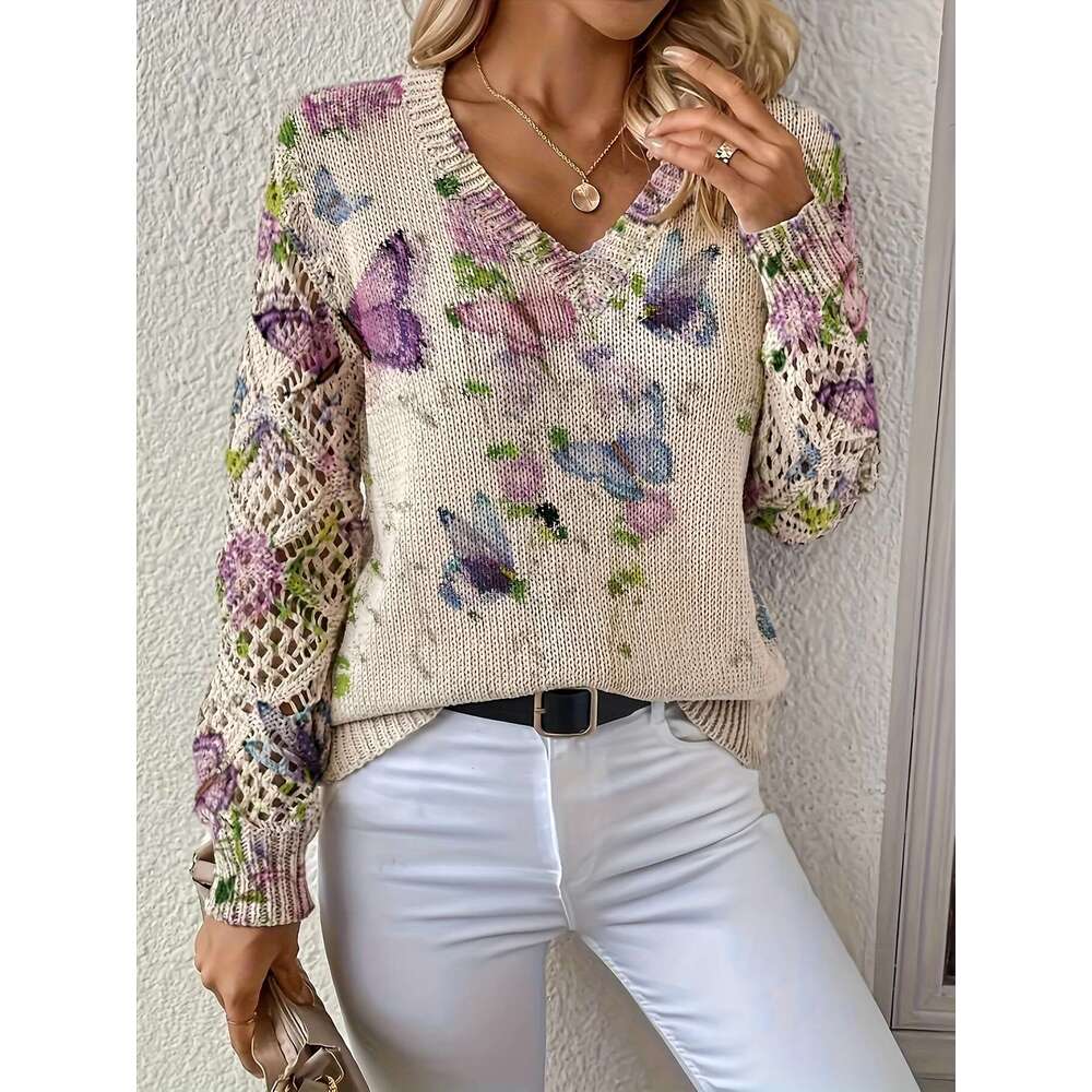 Graceful Autumn Winter, Spring Summer, Four-Season Style, Bohemian Fashion, Trendy Versatile V-Neck Long-Sleeve Women's Top With Butterfly Patter