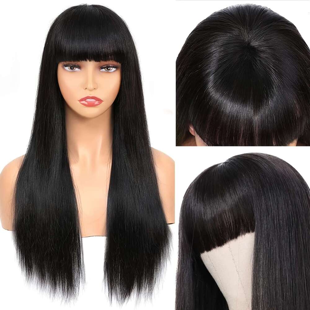 Elegant 26-Inch Long Straight Synthetic With Bangs - Heat Resistant Fiber, Versatile Black Hair For Daily Use & Cosplay Parties, Women's Closed N