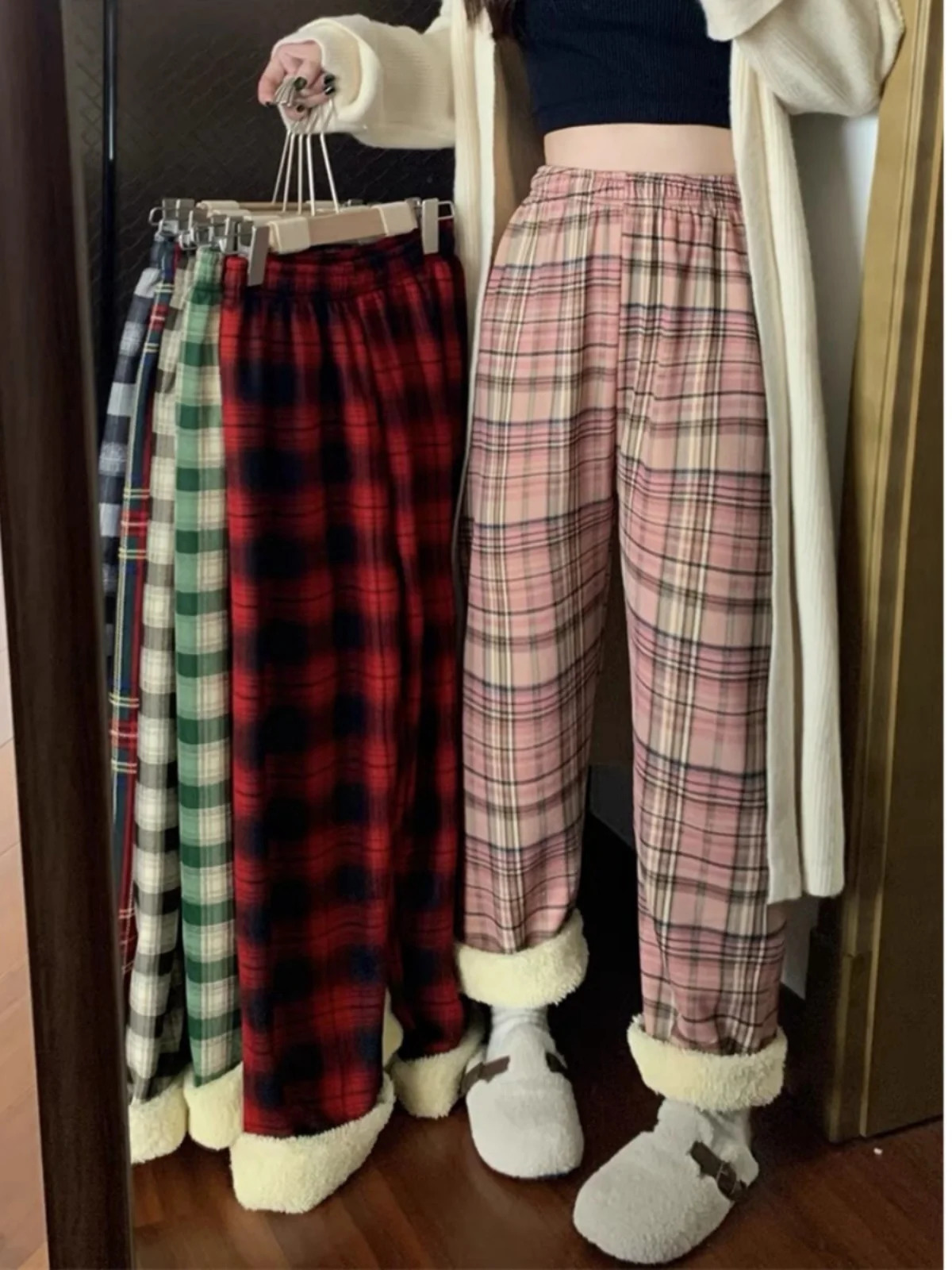 Lamb Velvet Fce Lined Thiened Plaid Casual Pants Womens Autumn Winter Loose Straight Wide Leg Cotton Spwear 251027