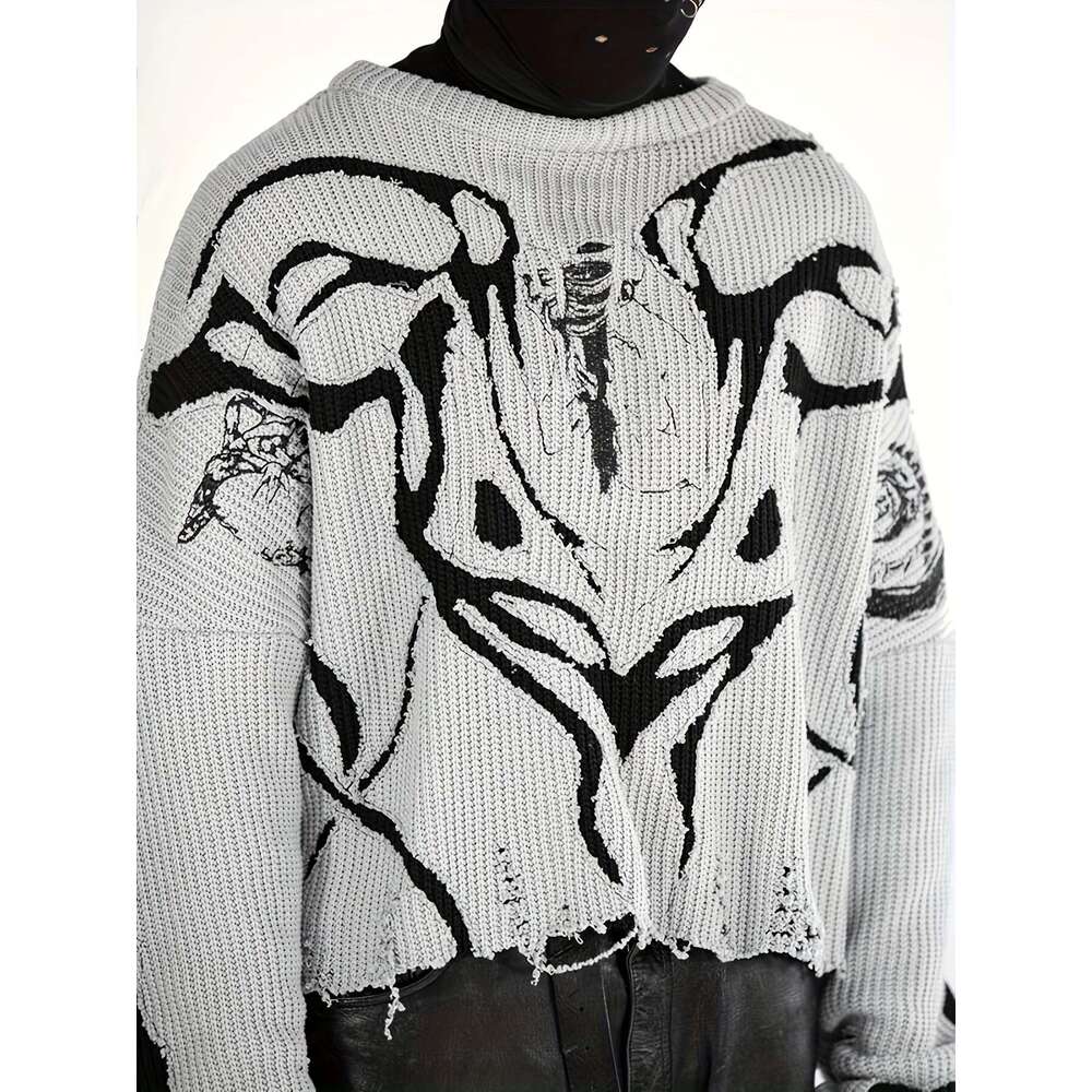 Graphic Pattern Knit Ripped Sweater, Casual Long Sleeve Pullover Sweater For Fall & Winter, Women's Clothing