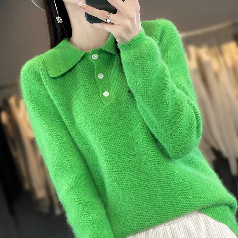 RONGYI Autumn And Winter New 100 Mink Cashmere Lapel Womens Solid Color Loose Pullover Knitted Padded Warm Long Sleeve TopT251027