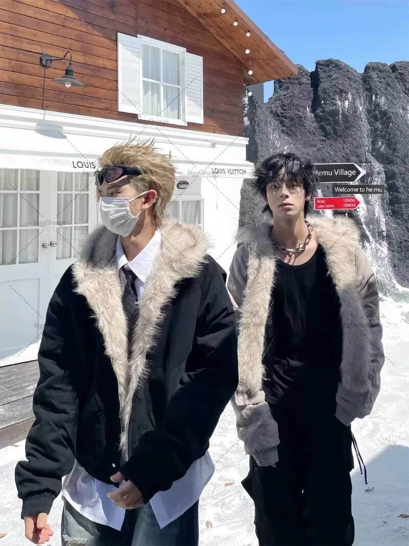 winter jacket women Y2K American Black Retro Wool Collar Thickened Cotton Jacket Men And Women Fashion Punk Vintage Streetwear Loose Casual Jackets