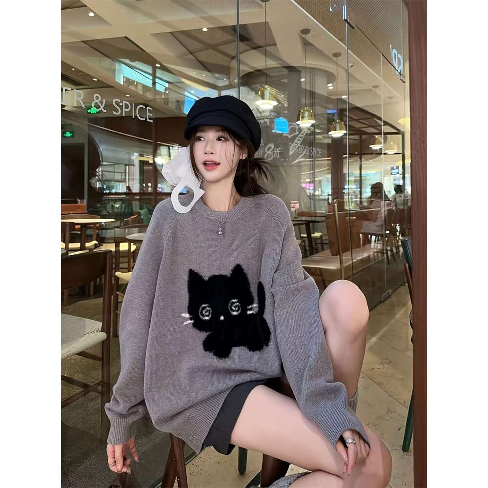 Women's Cute Cat & Color Block Sweater - Soft Mid-Stretch Long Sleeve Pullover, Loose Fit Round Neck Cozy Fall Winter Casual Chic Autumn Fashion,