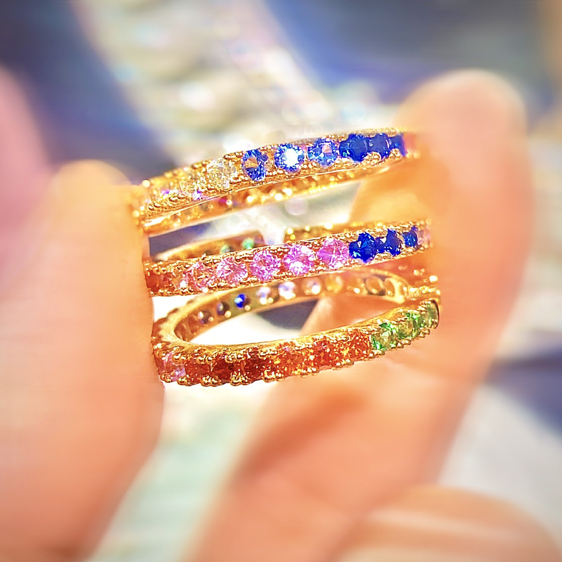 TaiYang New Candy Color Rainbow Ring, 18K Gold Plated Copper Eternity Band with Sapphire & Tsavorite Gemstones For Women