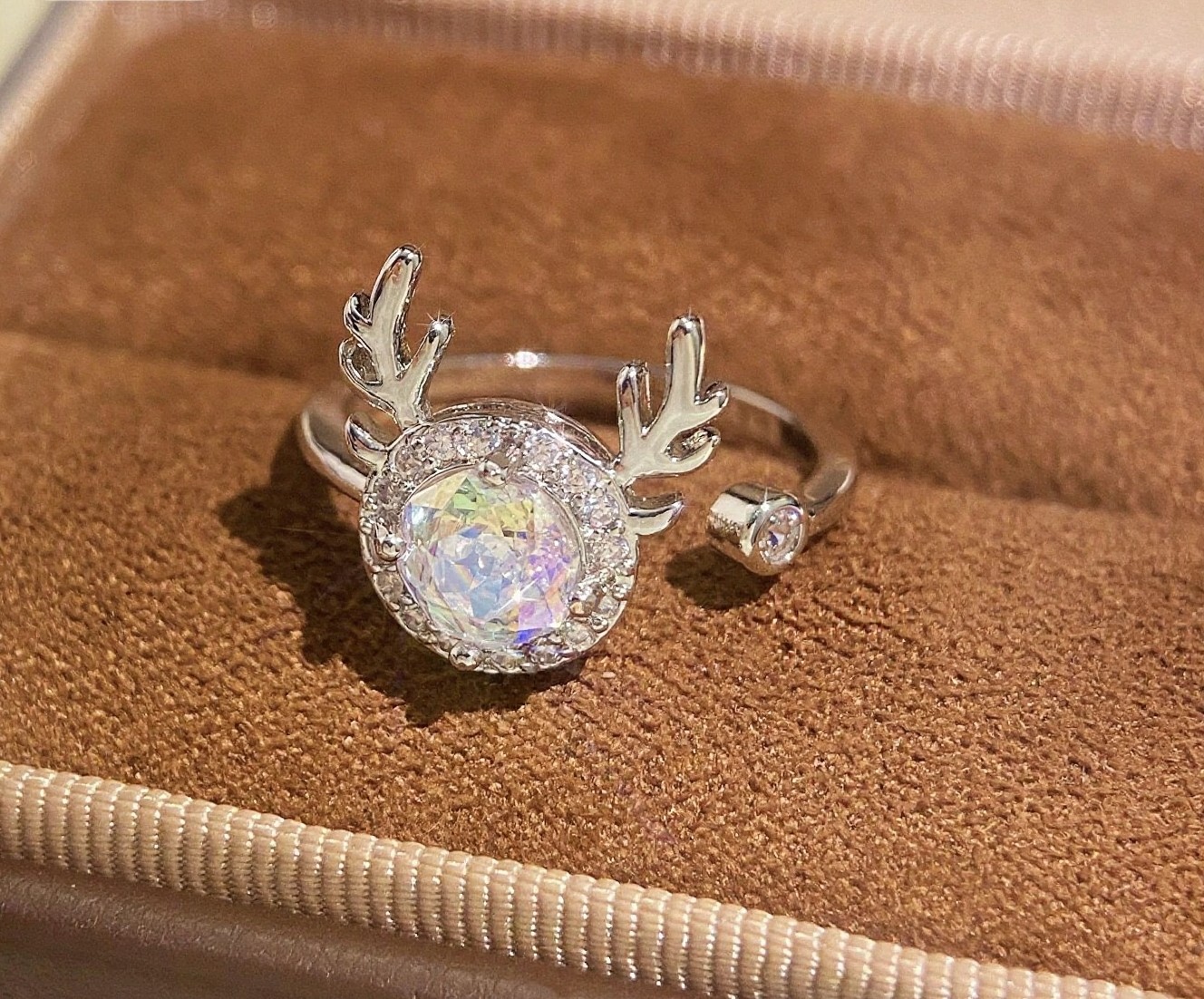 TaiYang New Millennium Rose Cut Reindeer Ring, Octagonal Aqua High-Carbon Zirconia Antler Design in Gold Plated Copper For Women