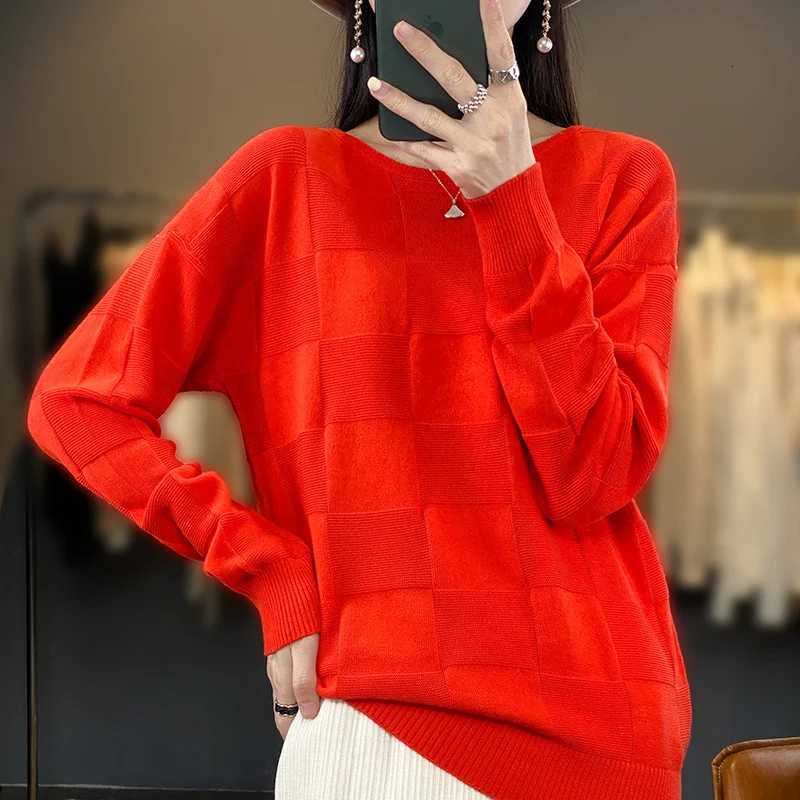 Autumn Winter New Women 100 Cotton Soft Sweater Round Collar Square Pattern Pullover Loose Fashion Knitwear Casual Base TopT251027